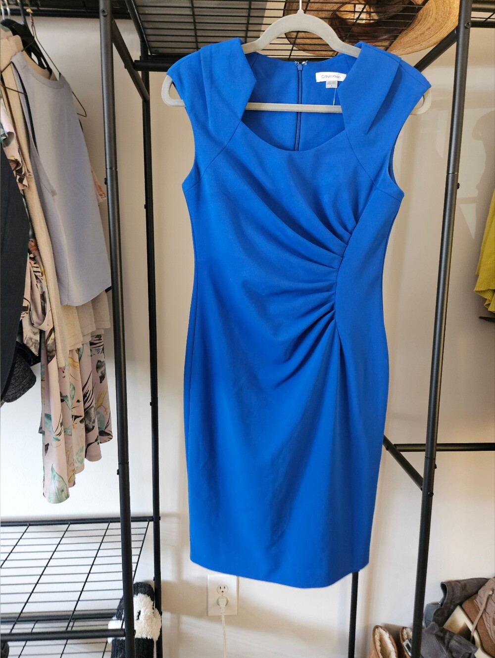 Calvin Klein Royal Blue Midi Sheath Dress with Side Gather